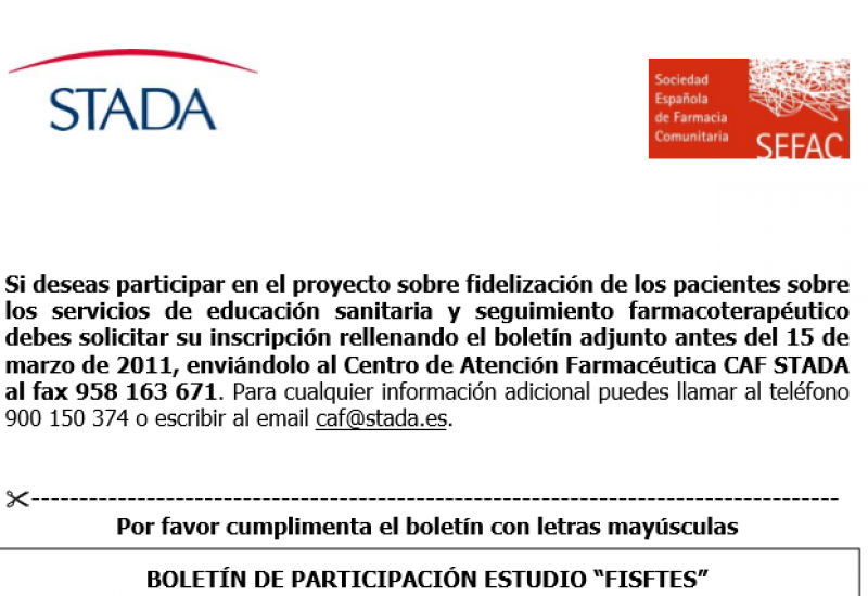 Boletín de participación en el estudio ganador de la III beca SEFAC-STADA