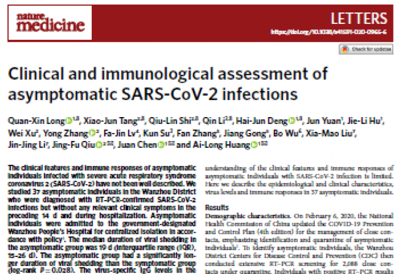 Long QX et al. 2020 Clinical and immunological assessment of asymptomatic SARS-CoV-2 infections