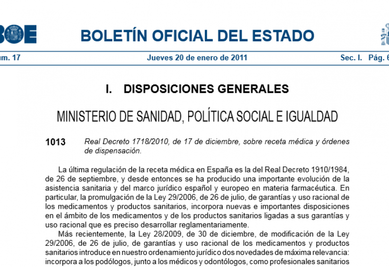 Real Decreto 1718/2010, de 17 de diciembre, sobre receta médica y órdenes de dispensación.