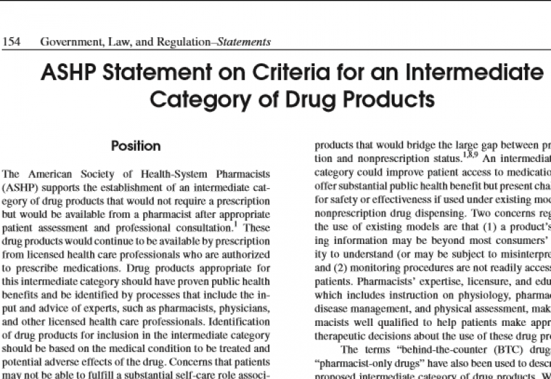 ASHP Statement on Criteria for an Intermediate Category of Drug Products