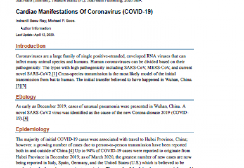 Basu-Ray I, Soos MP. Cardiac Manifestations Of Coronavirus (COVID-19) [Actualización 20 abril 2012]