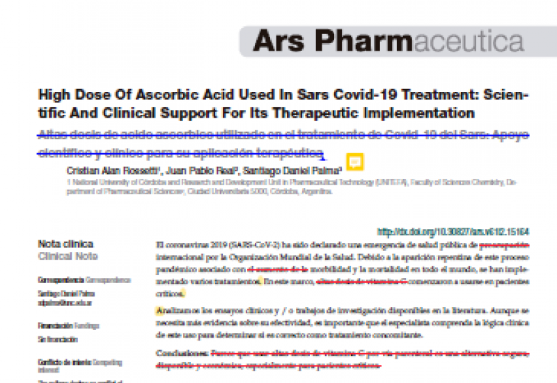Rossetti et al. (2020). High Dose Of Ascorbic Acid Used In Sars Covid-19 Treatment: Scientific And Clinical Support For Its Therapeutic Implementation