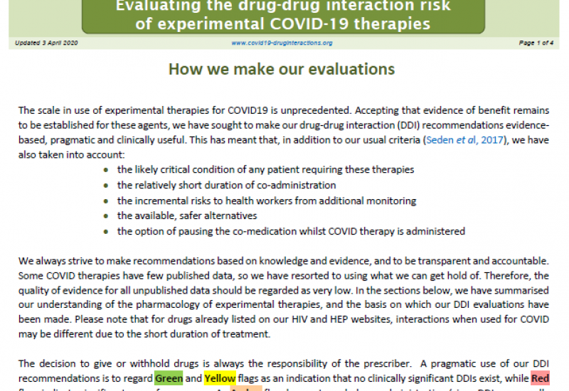 Liverpool Drug Interactions Group (03/04/2020). Evaluating the drug-drug interaction risk of experimental COVID-19 therapies