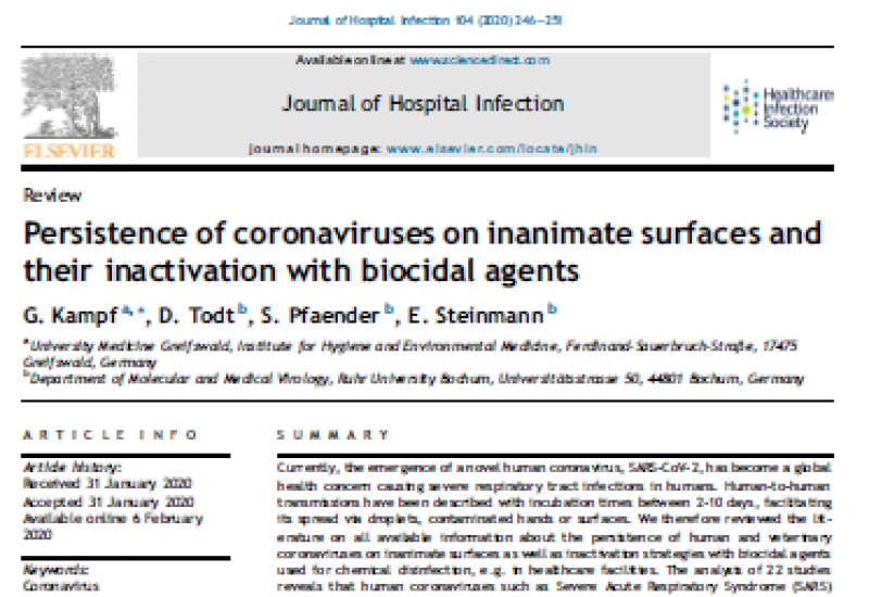Persistence of coronaviruses on inanimate surfaces and their inactivation with biocidal agents