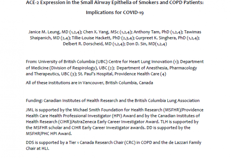 Leung et al. (2020). ACE-2 Expression in the Small Airway Epithelia of Smokers and COPD Patients: Implications for COVID-19