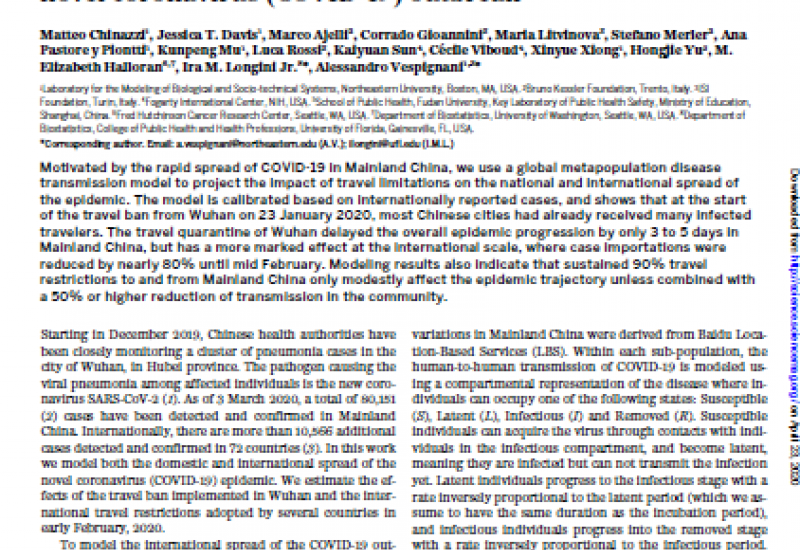 Chinazzi et al. (2020). The effect of travel restrictions on the spread of the 2019 novel coronavirus (COVID-19) outbreak