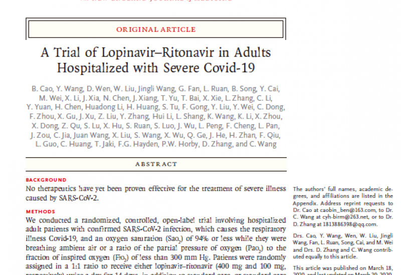 Cao et al. (2020). A Trial of Lopinavir–Ritonavir in Adults Hospitalized with Severe Covid-19