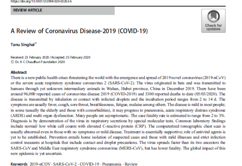 Singhal, T (2020). A Review of Coronavirus Disease-2019 (COVID-19)