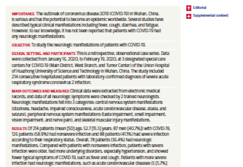 Neurologic Manifestations of Hospitalized Patients With Coronavirus Disease 2019 inWuhan, China