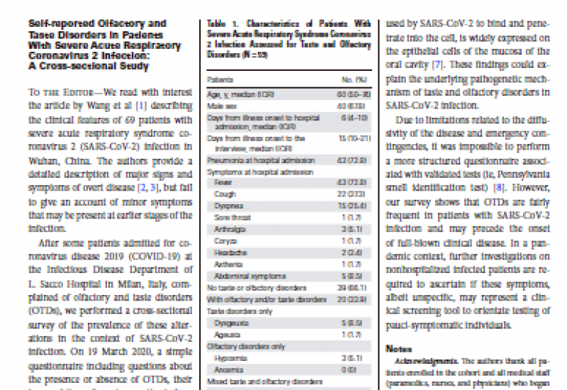 Giacomelli A et al. (2020). Self-reported Olfactory and Taste Disorders in Patients With Severe Acute Respiratory Coronavirus 2 Infection: A Cross-sectional Study