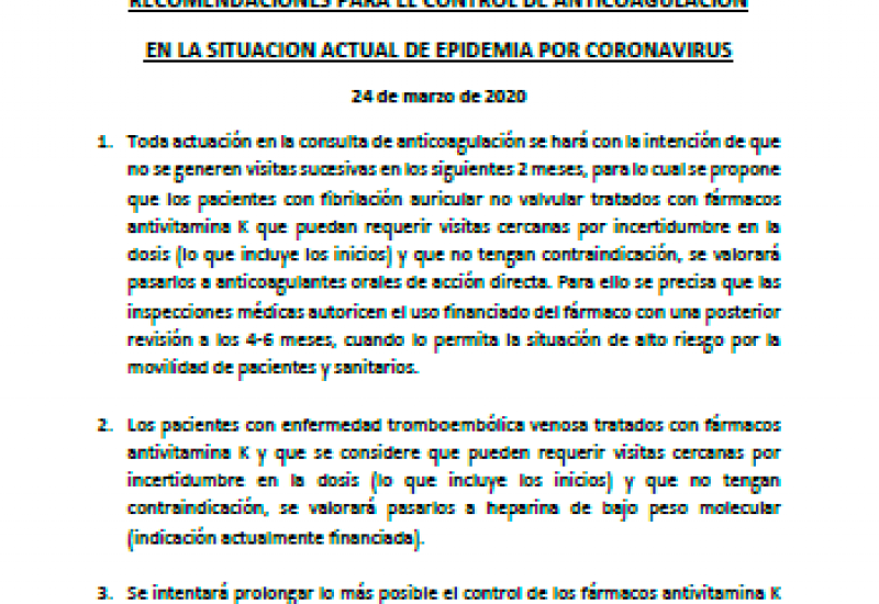 SEHT (24/03/2020). Recomendaciones control anticoagulacion-Covid-19