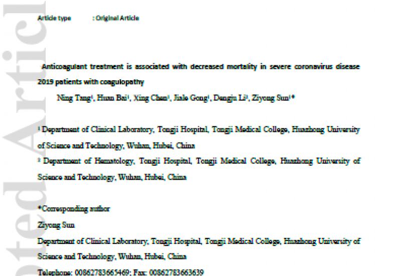 Tang N et al. (2020). Anticoagulant treatment is associated with decreased mortality in severe coronavirus disease 2019 patients with coagulopathy