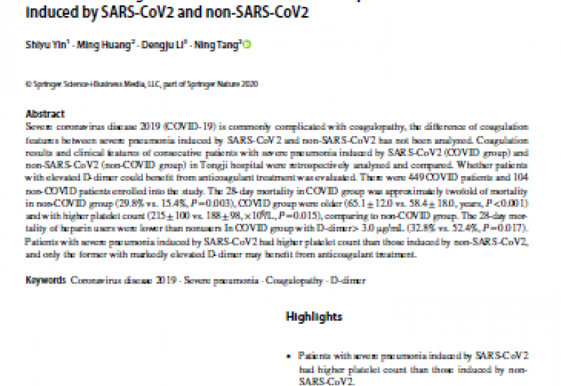 Yin S. et al. (2020). Diference of coagulation features between severe pneumonia induced by SARS-CoV2 and non-SARS-CoV2