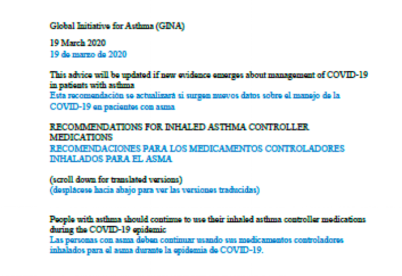 GINA 2020 (19/03/2020). Recomendaciones medicación asma inhalada COVID19