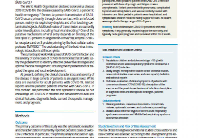 Castagnoli R et al. (2020). Severe Acute Respiratory Syndrome Coronavirus 2 (SARS-CoV-2) Infection in Children and Adolescents A Systematic Review