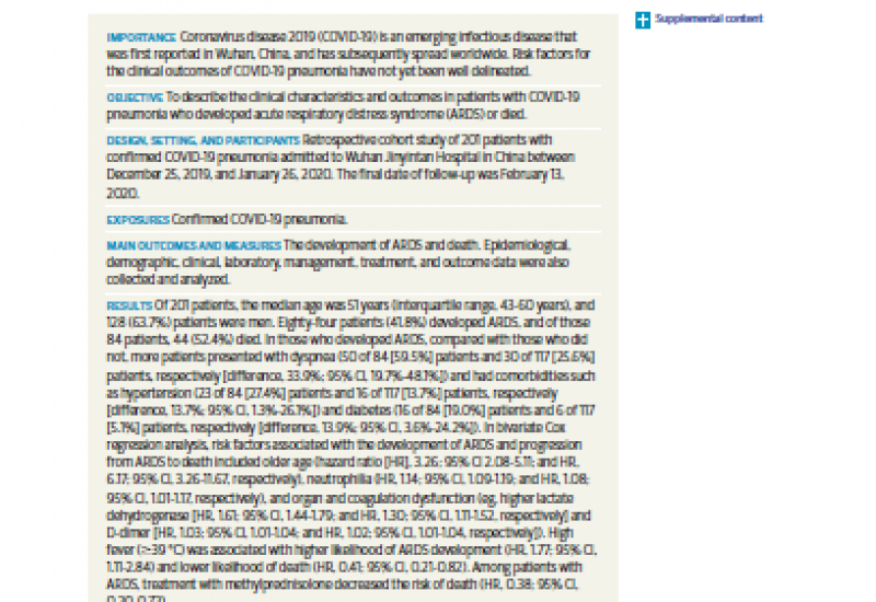 Wu C. et al. (2020). Risk Factors Associated With Acute Respiratory Distress Syndrome and Death in Patients With Coronavirus Disease 2019 Pneumonia in Wuhan, China