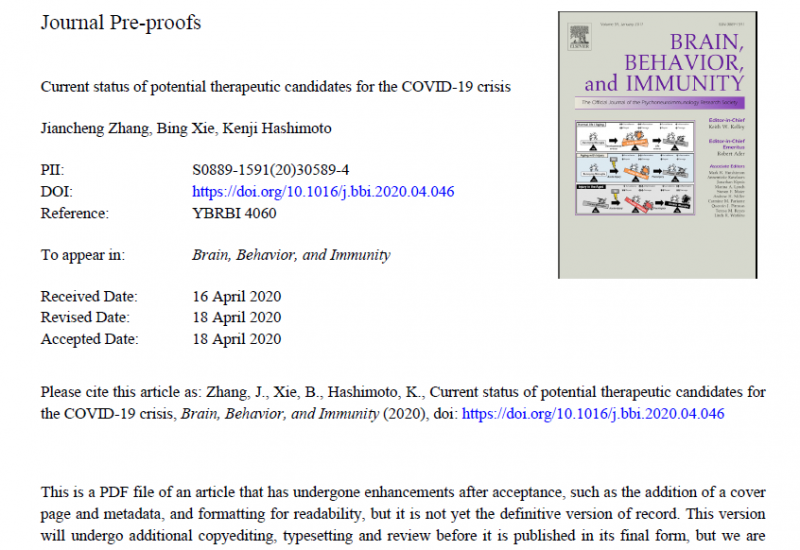 Zhang J. et al. (2020). Current status of potential therapeutic candidates for the COVID-19 crisis