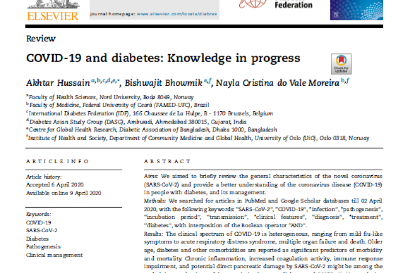 Hussain A et al. (2020). COVID-19 and diabetes Knowledge in progress