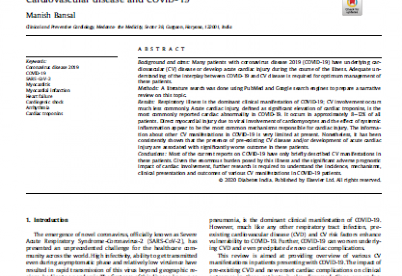 Bansal M (2020) .Cardiovascular Disease and COVID-19
