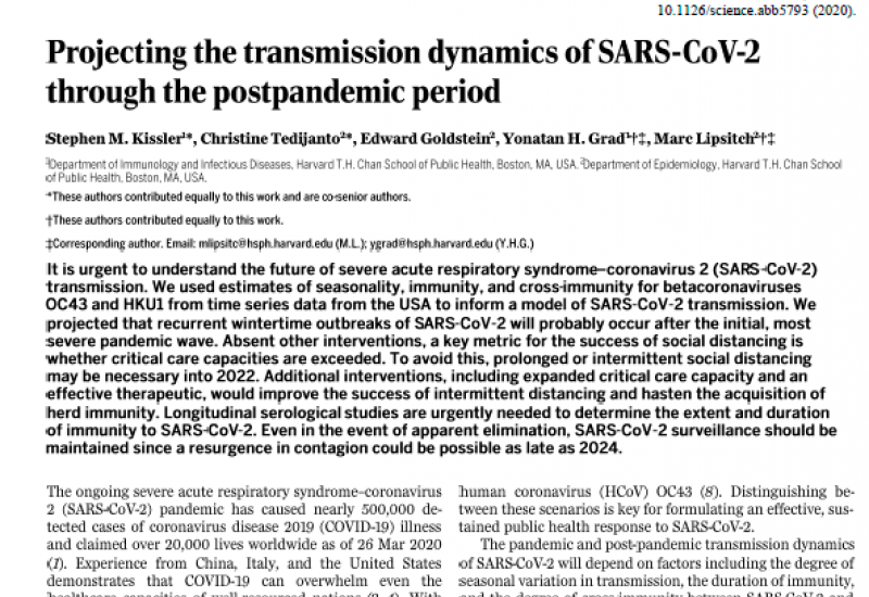 Kissler et. al. (2020). Projecting the transmission dynamics of SARS-CoV-2 through the postpandemic period