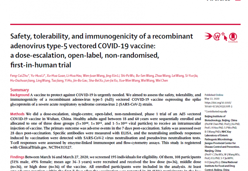 Feng-Cai et al. (2020). Safety, tolerability, and immunogenicity of a recombinant adenovirus type-5 vectored COVID-19 vaccine a dose-escalation, open-label, non-randomised, first-in-human trial