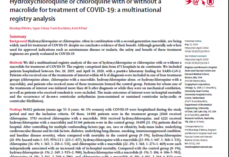 Mehra et al. (2020). Hydroxychloroquine or chloroquine with or without a macrolide for treatment of COVID-19 a multinational registry análisis