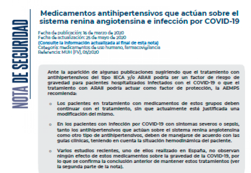 AEMPS (25/05/2020). Medicamentos antihipertensivos que actúan sobre el sistema renina angiotensina e infección por COVID-19