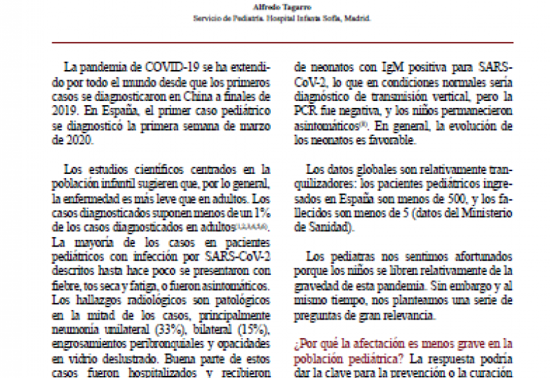 Tagarro (2020). Evolución de la pandemia por SARS COVID-19 en población pediátrica