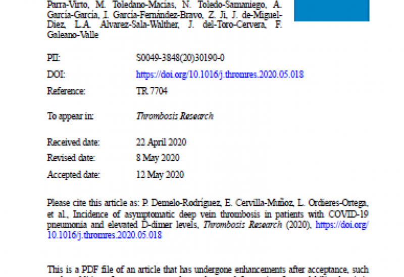 Demelo-Rodriguez et al. (2020). Incidence of asymptomatic deep vein thrombosis in patients with COVID-19 pneumonia and elevated D-dimer levels