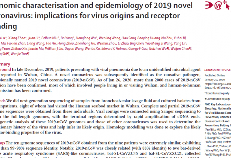 Lu R et al. (2020). Genomic characterisation and epidemiology of 2019 novel coronavirus implications for virus origins and receptor binding