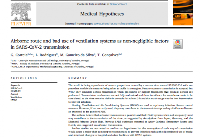 Correia, G. et al. (2020). Airborne route and bad use of ventilation systems as non-negligible factors in SARS-CoV-2 transmission