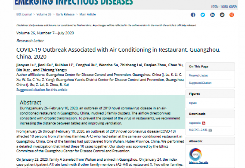 Lu J et al. (2020). COVID-19 outbreak associated with air conditioning in restaurant, Guangzhou, China, 2020