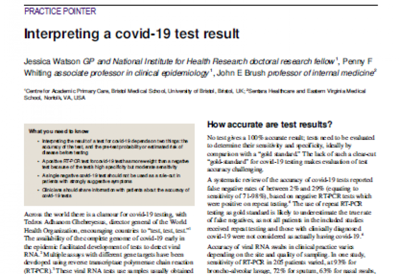 Watson J et al. (2020). BMJ Interpreting a covid-19 test result