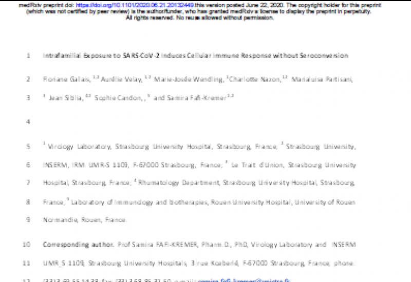 Gallais F. et al. Intrafamilial Exposure to SARS-CoV-2 Induces Cellular Immune Response without Seroconversion
