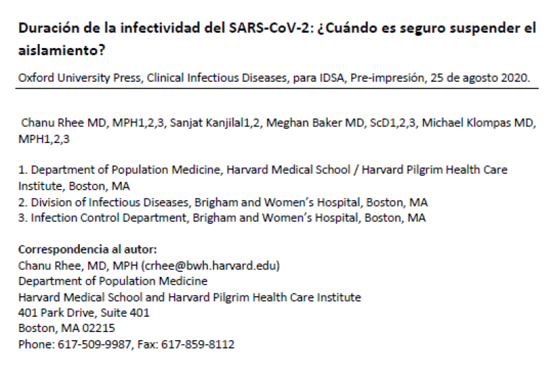 Rheel Chanu et al. Duración de la infectividad del SARS-CoV-2: ¿Cuándo es seguro suspender el aislamiento? 