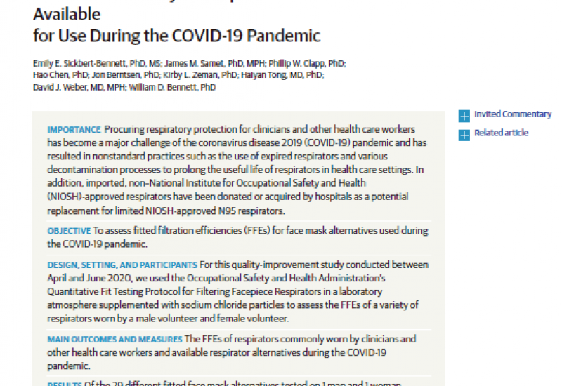 Sickbert-Bennett, emily et al. Filtration Efficiency of Hospital Face Mask Alternatives Available for Use During the COVID-19 Pandemic