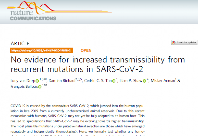 Van Dorp L et al. (2020). No evidence for increased transmissibility from recurrent mutations in SARS-CoV-2