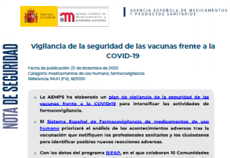 Agencia Española de Medicamentos y Productos Sanitarios (15/01/2021). Vigilancia de la seguridad de las vacunas frente a la COVID-19