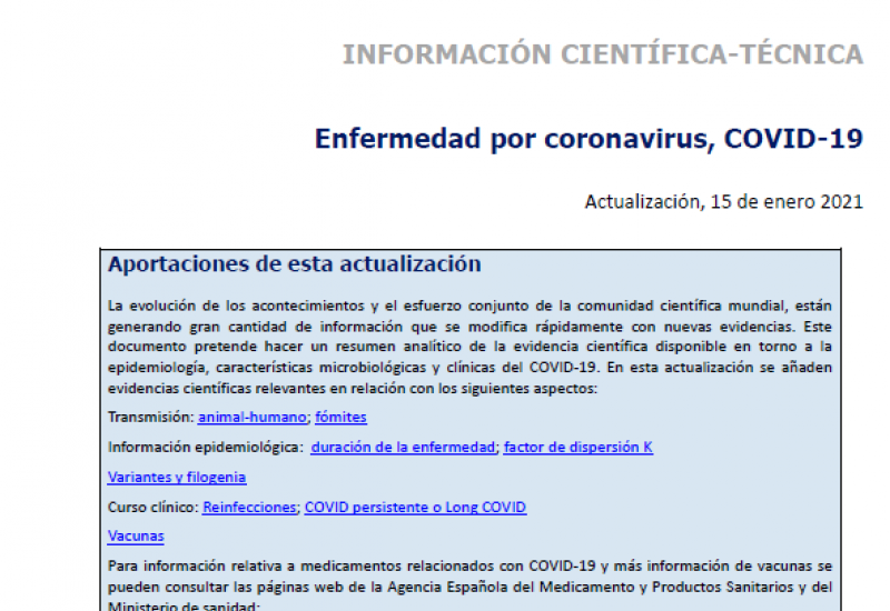 Ministerio de Sanidad, Consumo y Bienestar Social (15/01/2021). Información científica-técnica. Enfermedad por coronavirus, COVID-19