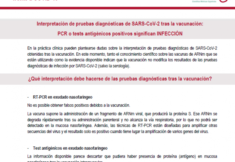 FACME (01/02/2021). Interpretación de pruebas diagnósticas de SARS-CoV-2 tras la vacunación: PCR o tests antigénicos positivos significan INFECCIÓN