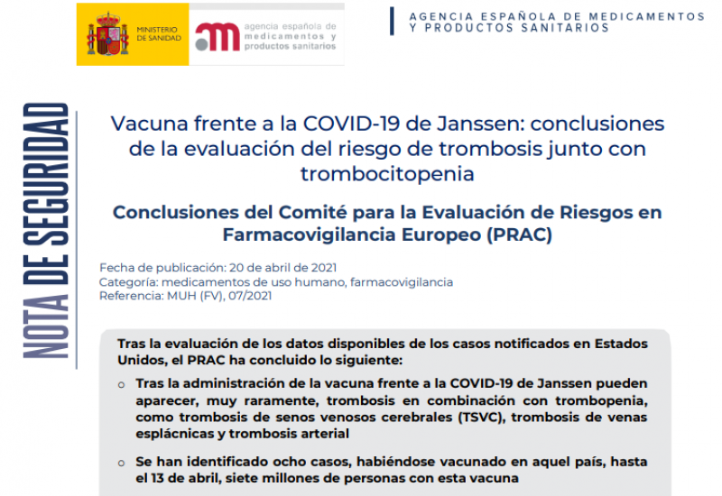 Agencia Española de Medicamentos y Productos Sanitarios (09/04/2021). acuna frente a la COVID-19 de Janssen: conclusiones de la evaluación del riesgo de trombosis junto con trombocitopenia