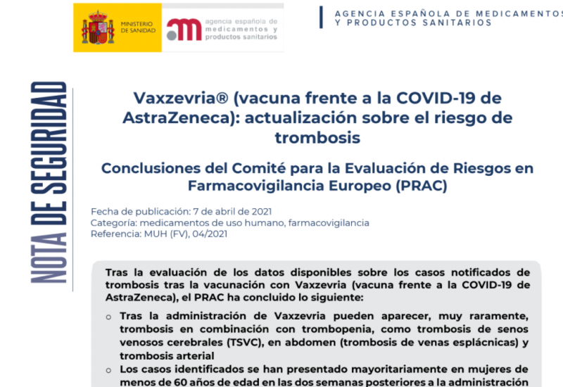 Agencia Española de Medicamentos y Productos Sanitarios (07/04/2021). Vaxzevria® (vacuna frente a la COVID-19 de AstraZeneca): actualización sobre el riesgo de  trombosis  Conclusiones del Comité para la Evaluación de Riesgos en  Farmacovigilancia Europeo