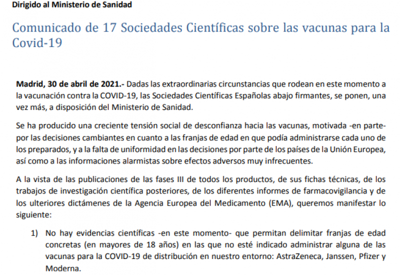 Comunicado de 17 Sociedades Científicas sobre las vacunas para la Covid-19