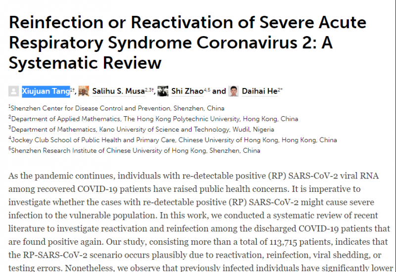 Tang X et al (2021). Reinfection or Reactivation of Severe Acute Respiratory Syndrome Coronavirus 2: A Systematic Review