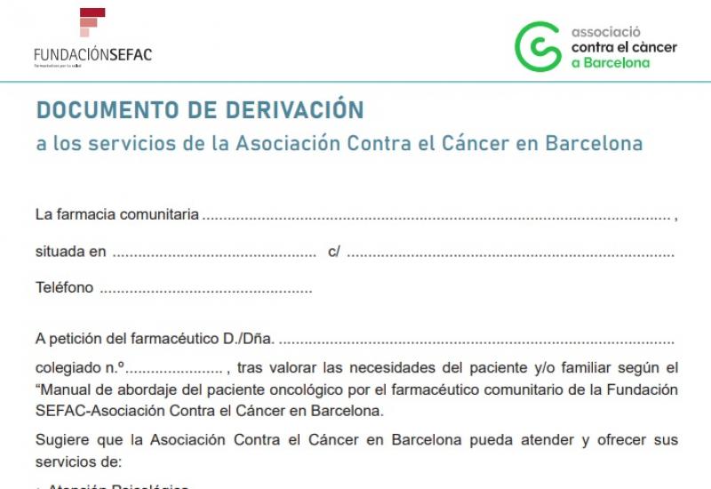 Documento de derivación a los servicios de la Asociación Contra el Cáncer en Barcelona