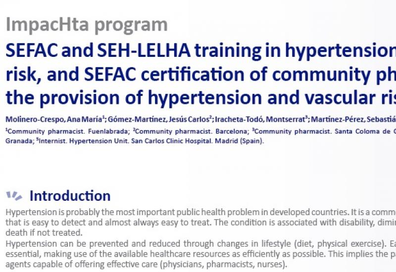 Molinero A et al (2016). ImpacHta program SEFAC and SEH-LELHA training in hypertension and vascular risk, and SEFAC certification of community pharmacists for the provision of hypertension and vascular risk services