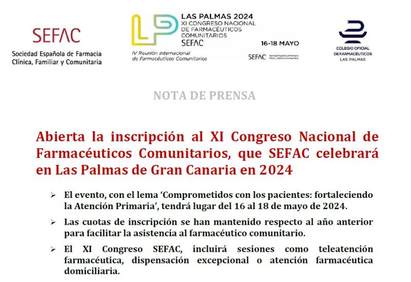 Abierta la inscripción al XI Congreso Nacional de Farmacéuticos Comunitarios, que SEFAC celebrará en Las Palmas de Gran Canaria en 2024