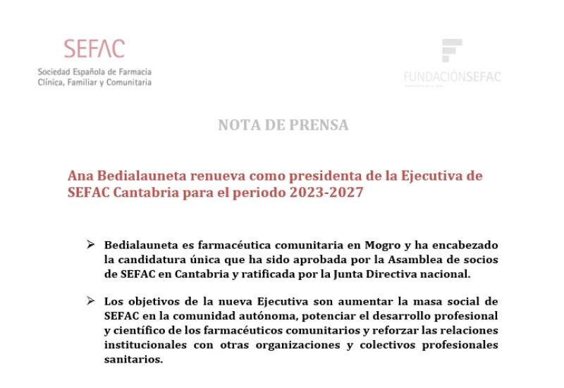 Ana Bedialauneta renueva como presidenta de la ejecutiva de SEFAC Cantabria